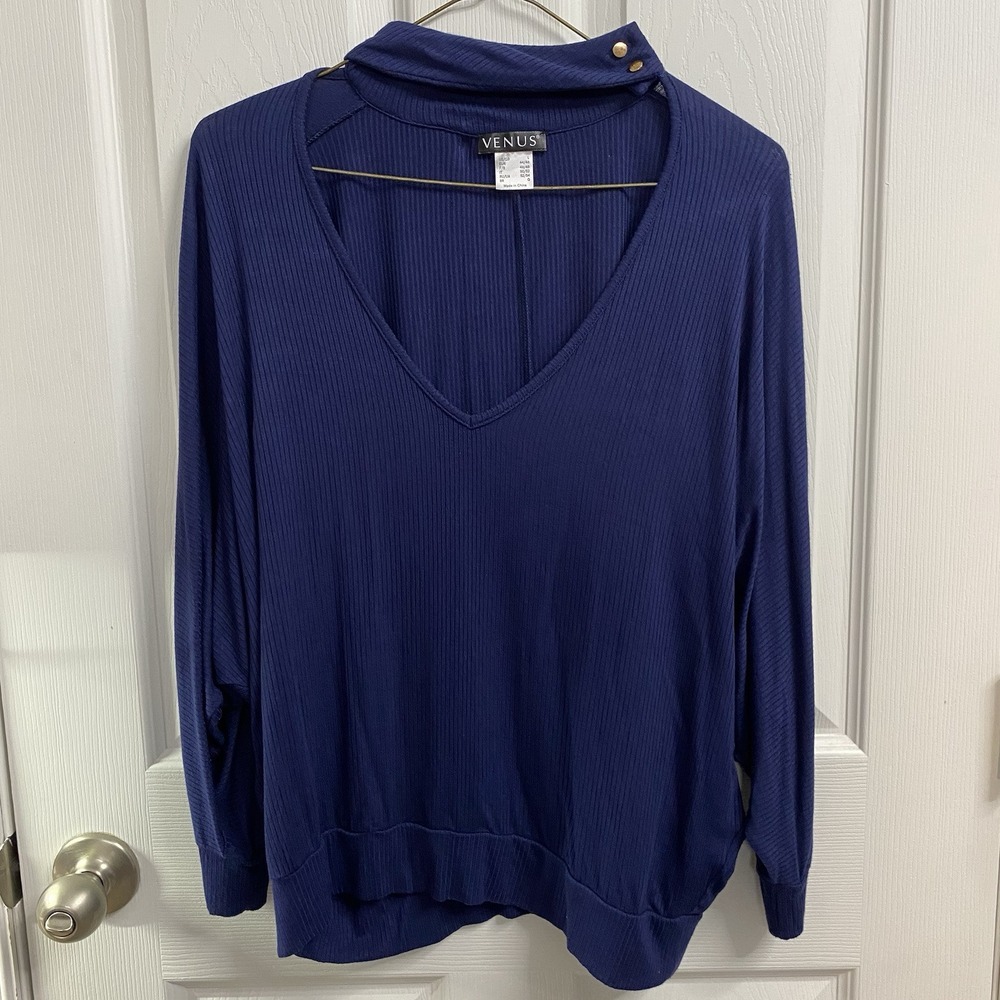Venus Navy Blue V Neck W/button collar Top Women's‎ Size L
